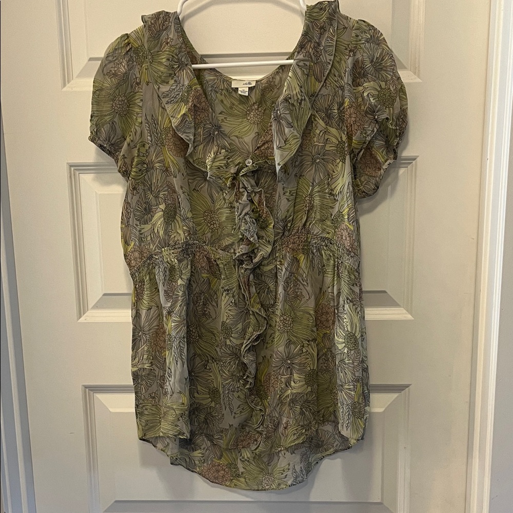 Odille Anthropologie Floral Ruffle Blouse - Green and Gray Size 12
